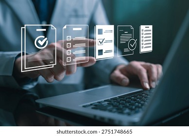 Businessman using laptop while selecting digital checklist documents on virtual interface, representing workflow management, task tracking, document verification and business process automation.