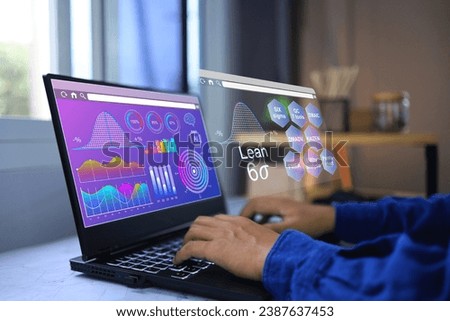 Businessman using lean six sigma tool to help them work more efficiently and display results in visualization graphs storyteller and infographics on analytic dashboard.