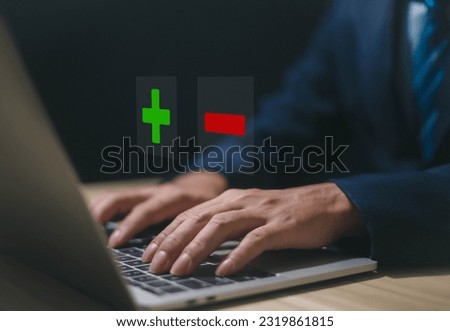 Businessman using marked with plus and minus symbols. Comparatively opposite concepts. analyze differences to decide on the positive or negative business alternatives of the strategy