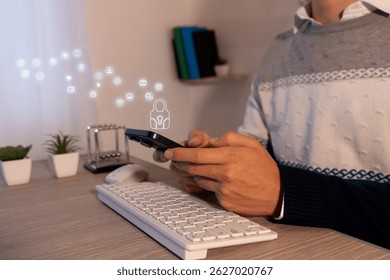 Businessman using mobile device with digital security holographic interface