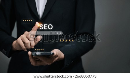 Businessman using mobile device with SEO interface, customer ratings, and search bar. Concept of search engine optimization and reputation management.
