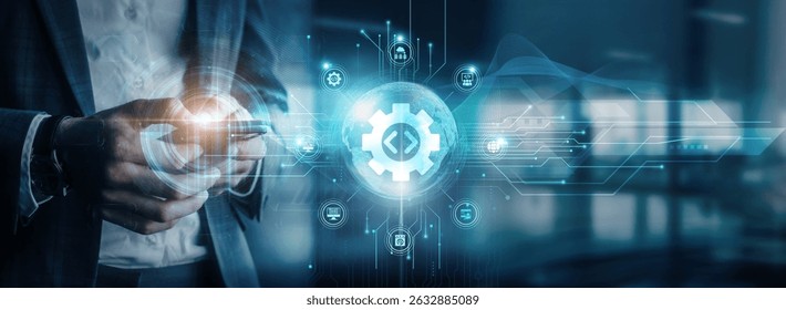 Businessman using mobile devices to interact with software applications, cloud services, network systems, data analytics, global network connectivity, digital platforms, and enterprise solutions.