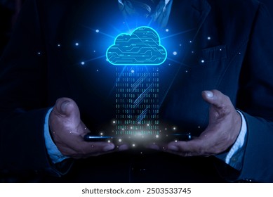 Businessman using mobile phone connect to cloud network. Cloud computing diagram show on hand. Internet Cloud technology. Digital Data storage. Networking and internet service for business concept. - Powered by Shutterstock