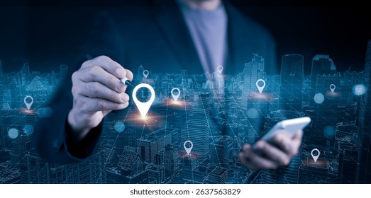Businessman using mobile phone and stylus for smart city location mapping. Digital location pins and cityscape for modern navigation technology and data connectivity.