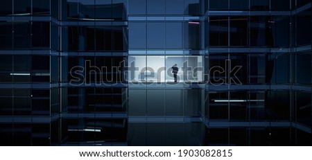 Businessman using mobile phone to talk business in office. View from the outside 3D rendering commercial skyscraper.