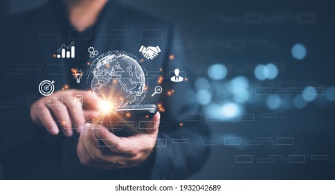 Businessman using mobile smart phone. Business global internet connection application technology and digital marketing, Financial and banking, Digital link tech, big data. - Shutterstock ID 1932042689