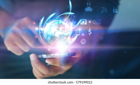 Businessman using mobile smartphone. Application icons interface on screen. Social media concept - Shutterstock ID 579199012
