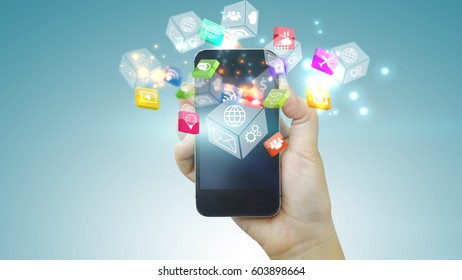 Businessman using mobile smartphone. Application icons interface on screen. Social media concept                               