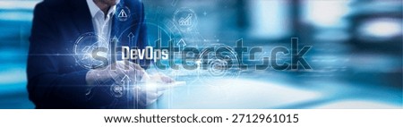 Businessman using mobile smartphone and DevOps analyzing data, automation, cloud infrastructure, agile workflows, and deployment efficiency.