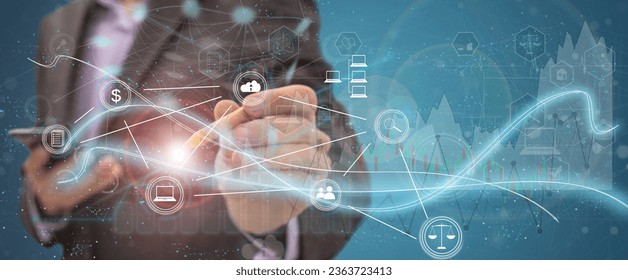 Businessman using mobile smartphone on global network connection on investor and customer with sale data exchange and development of business. Technology and digital marketing. Financial and banking.  - Shutterstock ID 2363723413