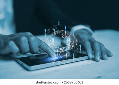 Businessman using mobile smartphone working on Global network connection. Big data analytics and business intelligence concept. World map point and line composition concept of global business