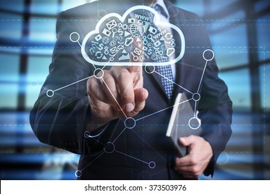 Businessman Using Modern Computer, Pressing Button On Virtual Screen. Cloud Technology And Networking Concept. 