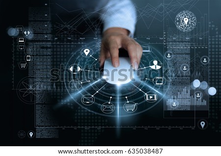 Businessman using mouse payments online shopping and icon customer network connection on global information background, m-banking and omni channel, multichannel 