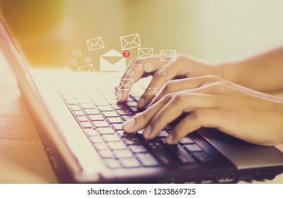 Businessman Using Notebook Computer Open Email Icon On Virtual Touch Screen