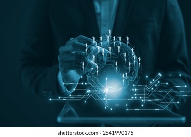 Businessman using pen and digital tablet working on Global network connection. Big data analytics and business intelligence concept. World map point and line composition concept of global business