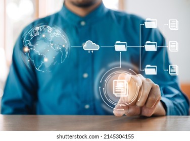 Businessman using select document management concept, online documentation database and digital file storage system or software, records keeping, database technology, file access, doc sharing.