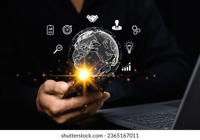 Businessman using smart phone. Business global internet connection application technology and digital marketing, Financial and banking, Digital link tech, big data. - Shutterstock ID 2365167011