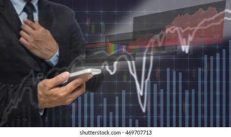 Businessman Using The Smart Phone Shown The Trading Graph Of Stock Market On The Virtual Screen Over The Stock Chart Background, Business Stock Market Concept