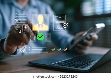 A businessman using smart technology to verify digital identity, KYC documents, and approve online profiles, representing secure authentication and onboarding in digital business platforms.