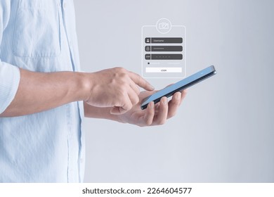 Businessman using smartphone to access mobile applications to validate password for biometric two steps authentication to unlock security. Phishing, mobile phone hacker or cyber scam concept.