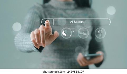 Businessman using smartphone with AI search engine bar for data search optimization by artificial intelligence technology.