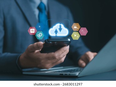 Businessman using smartphone with cloud computing and AI icons, symbolizing digital transformation, data storage, machine learning, technology innovation, online services, and smart business solutions