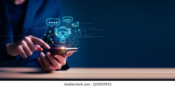 Businessman using smartphone for digital chatbot, chat GPT, robot application, conversation assistant, AI Artificial Intelligence concept, digital chatbot on virtual screen. - Shutterstock ID 2253919915