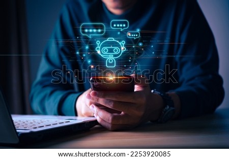 Businessman using smartphone for digital chatbot, chat GPT, robot application, conversation assistant, AI Artificial Intelligence concept, digital chatbot on virtual screen.