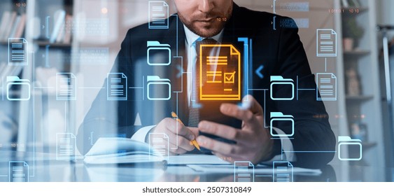 Businessman using smartphone with digital file icons overlay in a modern office, emphasizing data management and technology connection concepts - Powered by Shutterstock