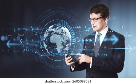 Businessman using smartphone with digital world map, data icons and arrows on dark background, symbolizing global information technology