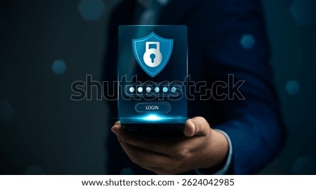 Businessman using smartphone to encrypt data and ensure cybersecurity. Digital technology protect corporate and personal information from hacker, Privacy and preventing unauthorized access.