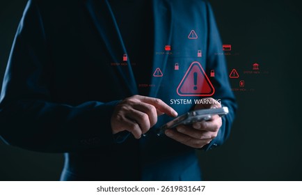 Businessman using smartphone facing system warning and cyber attack alert, representing cybersecurity risk, hacking threat, data breach, information security, and digital protection concerns. - Powered by Shutterstock - Get 15% off with code: PIKWIZARD15