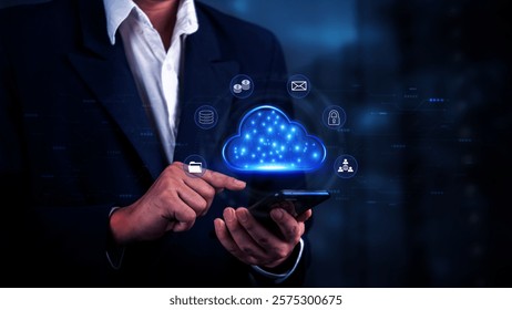 businessman using a smartphone to interact with a digital cloud interface, cloud computing, and data storage. data sharing in business operations. digital transformation