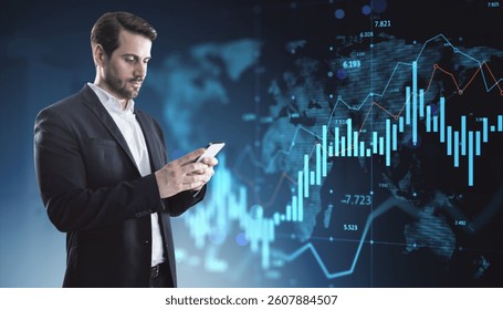 Businessman using smartphone, modern digital style, with stock chart overlay on blue background, concept of technology and financial data