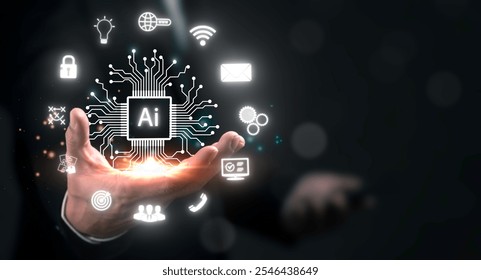 Businessman is using smartphone and pointing or touching ia technology against dark  backgAround.
