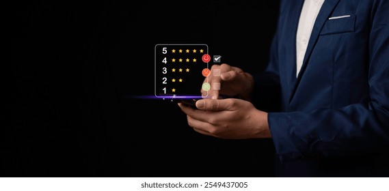 Businessman using a smartphone to provide feedback with a 5-star scale and emoji options, representing customer evaluation and digital interaction. - Powered by Shutterstock