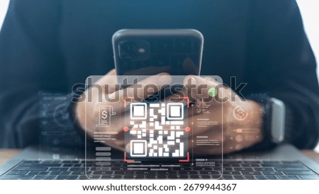 Businessman using smartphone with QR code payment and mobile banking icon for digital wallet, online transaction, fintech security, and cashless society technology.