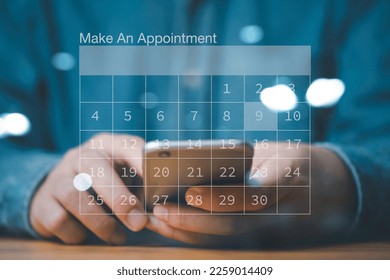 Businessman using smartphone to reserve business schedule plan on virtual screen calendar , Project management concept.