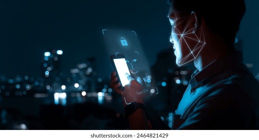 Businessman using smartphone scanning face ID to unlock security access with facial recognition technology for identification, with graphical tech illustration.