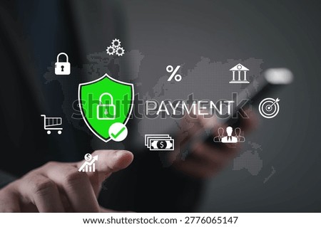 Businessman using smartphone with secure payment protection interface and digital lock shield, fintech security, online transaction safety, mobile banking, cybersecurity, and global digital payment.