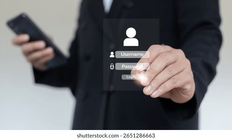 A businessman using a smartphone and virtual screen to enter a username and password for login authentication, digital security, and access control concept.