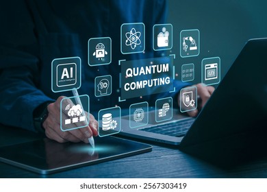 Businessman using a stylus on a tablet alongside a laptop. Floating icons related to quantum computing, like AI, robots, and data. quantum encryption technology and quantum data analytics.  - Powered by Shutterstock - Get 15% off with code: PIKWIZARD15
