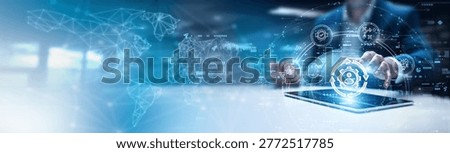 Businessman using tab and analysis change management data. organizational transformation strategies, employee adaptation frameworks, risk mitigation methods, leadership-driven change models