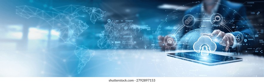 Businessman using tab and analysis cloud security data. data encryption systems, identity access controls, threat detection platforms, secure multi-cloud frameworks, Regulatory security policies