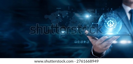 Businessman using the tab and analyzing change management data, organizational transformation, business strategy, leadership planning, workflow improvement, corporate adaptation