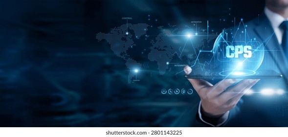 Businessman using the tab and analyzing CPS data, cyber physical systems, smart technology, automation, IoT integration, industrial control, digital infrastructure