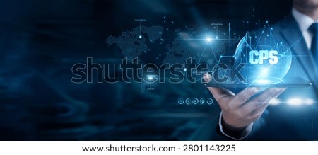Businessman using the tab and analyzing CPS data, cyber physical systems, smart technology, automation, IoT integration, industrial control, digital infrastructure