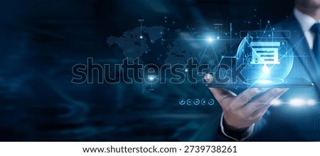 Businessman using the tab and analyzing introduction data, business overview presentation, corporate briefing, strategy summary, professional communication