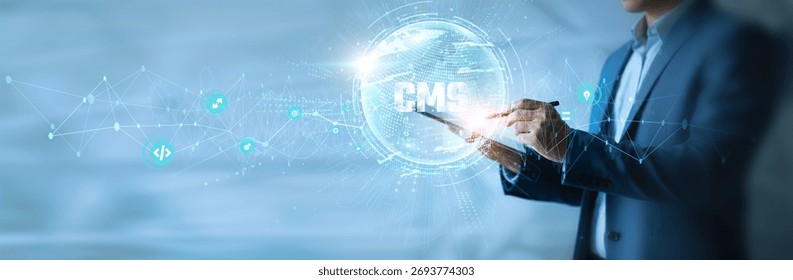 Businessman using tab CMS icon with global network. Content publishing, website management, SEO optimization, media storage, user access control, digital strategy.