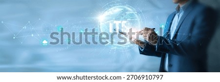 Businessman using tab ITS icon with global network. Smart mobility, traffic management, autonomous vehicles, sensor technology, data-driven logistics, transportation innovation.